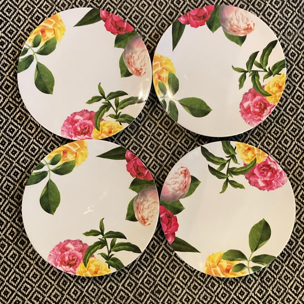 4 KATE SPADE Colorful Floral Peonies HVY DUTY Melamine 11-1/4" Dinner Plates